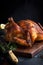 Mouth-watering, juicy roasted chicken with crispy skin on a dark background.