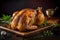 Mouth-watering, juicy roasted chicken with crispy skin on a dark background.