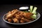 A mouth-watering plate of spicy chicken wings, served with a tangy dipping sauce.