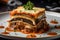 mouth-watering slice of moussaka with crispy edges, revealing the delicious layers of eggplant, beef, and tomato sauce