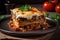 mouth-watering slice of moussaka with crispy edges, revealing the delicious layers of eggplant, beef, and tomato sauce