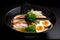 Mouth-watering view of a classic chicken ramen bowl featuring tender chicken slices, narutomaki fish cake, and a soy-based broth