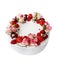 Mouth-watering white, cream cake with roses and fruits