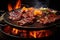 A mouthwatering close up of a grill sizzling with perfectly cooked meat and an assortment of fresh vegetables, The sizzle and