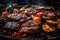 A mouthwatering, close-up image of sizzling meat, vegetables, seafood on a barbecue grill, showcasing the rich, caramelized and