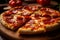 A mouthwatering close-up shot of a cheesy salami pizza on a wooden board with slices cut out, with the background blurred out.