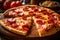 A mouthwatering close-up shot of a cheesy salami pizza on a wooden board with slices cut out, with the background blurred out.