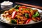 mouthwatering close-up shot of chicken teriyaki stir-fry with vibrant vegetables and a glossy sauce