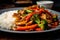 mouthwatering close-up shot of chicken teriyaki stir-fry with vibrant vegetables and a glossy sauce