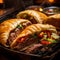 Mouthwatering Close-Up of Sizzling Steak and Vibrant Empanadas on a Grill