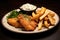 A mouthwatering dish featuring a white plate with a serving of fish and golden french fries, Fish and chips served with tartar