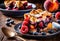 A mouthwatering fruit cobbler with layers of biscuit topping, peach, blueberry, and raspberry.