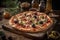 A mouthwatering, gourmet pizza, topped with an array of fresh ingredients and bubbling cheese, being pulled from a wood-fired oven