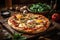 A mouthwatering, gourmet pizza, topped with an array of fresh ingredients and bubbling cheese, being pulled from a wood-fired oven