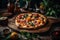 A mouthwatering, gourmet pizza, topped with an array of fresh ingredients and bubbling cheese, being pulled from a wood-fired oven