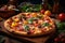 A mouthwatering, gourmet pizza, topped with an array of fresh ingredients and bubbling cheese, being pulled from a wood-fired oven