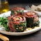 mouthwatering grilled steak pinwheels filled with roasted bell peppers, onions, and garlic, layered with Parmesan and