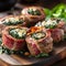 mouthwatering grilled steak pinwheels filled with roasted bell peppers, onions, and garlic, layered with Parmesan and