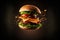 Mouthwatering hamburger soars through the air, showcasing its delicious ingredients against a captivating dark backdrop