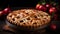 Mouthwatering homemade apple pie with a golden, flaky crust on a charming rustic wooden background