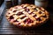 A mouthwatering homemade pie placed on a sturdy metal rack, primed and waiting to be savored, A lattice-topped cherry pie fresh