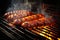 Mouthwatering image of hot dogs sizzling on grill, with smoke billowing out. Barbecue enthusiasts and food lovers alike.