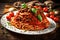 A mouthwatering image showcasing a plate of perfectly cooked spaghetti pasta generously coated with a savory tomato beef sauce.