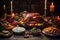 A mouthwatering image of a turkey sitting on a table with an assortment of other delectable dishes., Rustic Thankgiving Dinner, AI