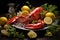 A mouthwatering lobster dish showcased on a plate alongside vibrant lemons and fresh parsley, A lobster red on a silver platter,