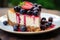 A mouthwatering photo of a piece of cheesecake adorned with fresh berries, enticingly presented on a plate, Vegan twist on classic