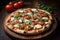 A mouthwatering pizza, freshly baked and perfectly displayed on a rustic wooden cutting board., A rustic Italian pizza topped with
