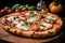 A mouthwatering pizza, hot and fresh, sits invitingly atop a sturdy wooden cutting board., A rustic Italian pizza topped with