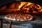 A mouthwatering pizza sits in front of a crackling open fire, getting perfectly cooked and infused with a smoky flavor, Pizza