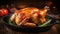 Mouthwatering roast chicken with crispy skin and golden brown perfection, sizzling in a hot pan