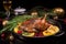 Mouthwatering roast goose in a sizzling pan, beautifully browned with succulent meat and crispy skin