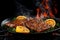 Mouthwatering roast goose sizzling in a pan, ready to be served with savory perfection