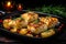 Mouthwatering roasted fish cooking in a sizzling pan perfectly seasoned and golden brown