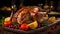 A mouthwatering roasted turkey on a wooden table, the centrepiece of a delicious Thanksgiving dinner, embodying holiday warmth and