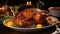 A mouthwatering roasted turkey on a wooden table, the star of a sumptuous Thanksgiving feast, evoking warmth, tradition, and