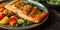 Mouthwatering Seared Salmon With Vibrant Veggie Medley And Zesty Herb Sauce, Ample Room For Text