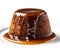 Mouthwatering sticky toffee pudding on a white background on a white plate, Generative AI