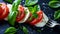 Mouthwatering Visual Bliss: Tempting Caprese Salad Medley on Elegantly Enigmatic Black Background -
