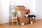 Move. Cardboard boxes, cleaning things and stuff for moving into a new, clean and bright home