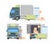 Move container inside truck. Package loading moving from home cargo transportation service vector illustrations