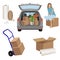 Move house - estate car with opened trunk and cardboard boxes inside, boxes on the luggage cart, opened box and stretch wrap