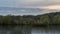 Move side Timelapse of lake surface surrounded by trees reflection of clouds that move in sky during early evening summer time,