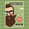 Movember poster design, prostate cancer awareness, hipster man with beard and moustache