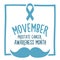 Movember, raise awareness of men`s health issues. like prostate cancer Vector banner with text, ribbon and moustache.