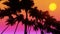 Movement along palm alley, bottom view of coconut palm trees in sunshine. 3d Synthwave animated background. Seamless