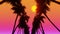 Movement through palm alley bottom view of coconut palm trees in sunshine. 3d Synthwave animated background. Seamless